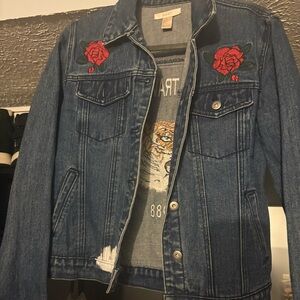 Forever 21 Blue Jean Jacket with Red Rose Embroidery